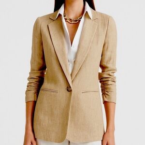 MICHAEL KORS 🆕 Linen Blazer Casual Business Ruched Sleeve Jacket Lined Beige 2
